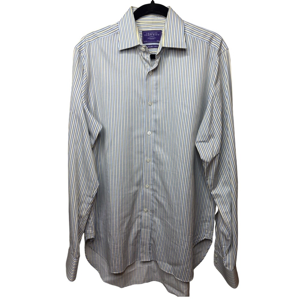 Charles Tyrwhitt Superfine 180s Dress Shirt Mens 15.5 37 Blue Yellow Stripe